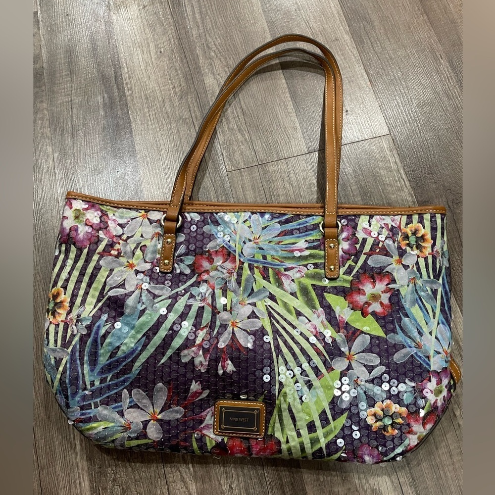 Vintage NINE WEST 90s sequins tropical floral whimsical tote bag cocktail resort